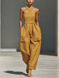 Mustard Yellow Linen-Blend Jumpsuit Women UK – Crisscross Neckline Relaxed Trousers, Smart Casual Holiday Wear