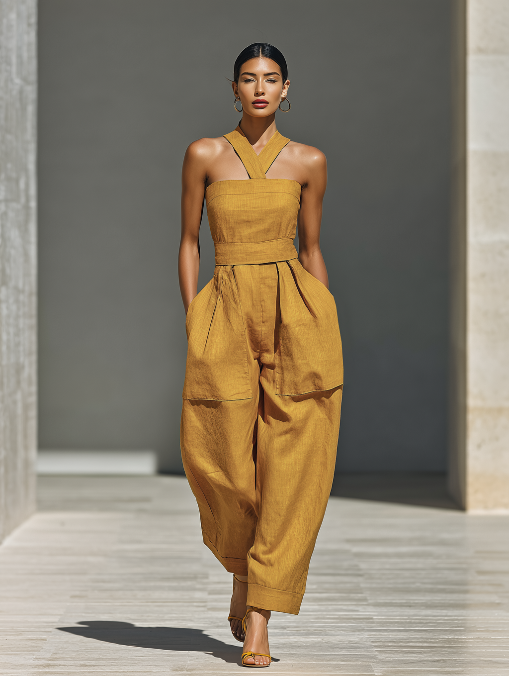 Mustard Yellow Linen-Blend Jumpsuit Women UK – Crisscross Neckline Relaxed Trousers, Smart Casual Holiday Wear