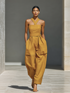 Mustard Yellow Linen-Blend Jumpsuit Women UK – Crisscross Neckline Relaxed Trousers, Smart Casual Holiday Wear