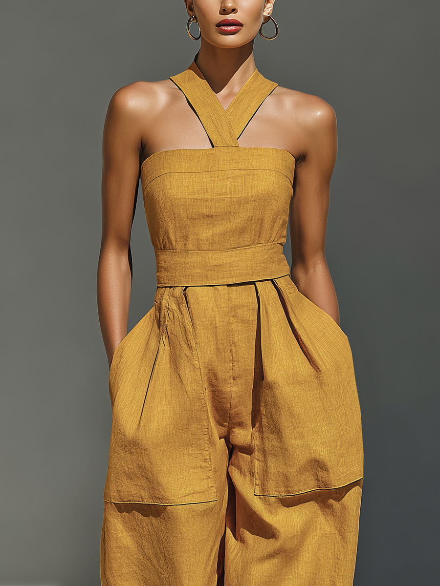 Mustard Yellow Linen-Blend Jumpsuit Women UK – Crisscross Neckline Relaxed Trousers, Smart Casual Holiday Wear