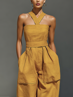 Mustard Yellow Linen-Blend Jumpsuit Women UK – Crisscross Neckline Relaxed Trousers, Smart Casual Holiday Wear