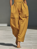 Mustard Yellow Linen-Blend Jumpsuit Women UK – Crisscross Neckline Relaxed Trousers, Smart Casual Holiday Wear