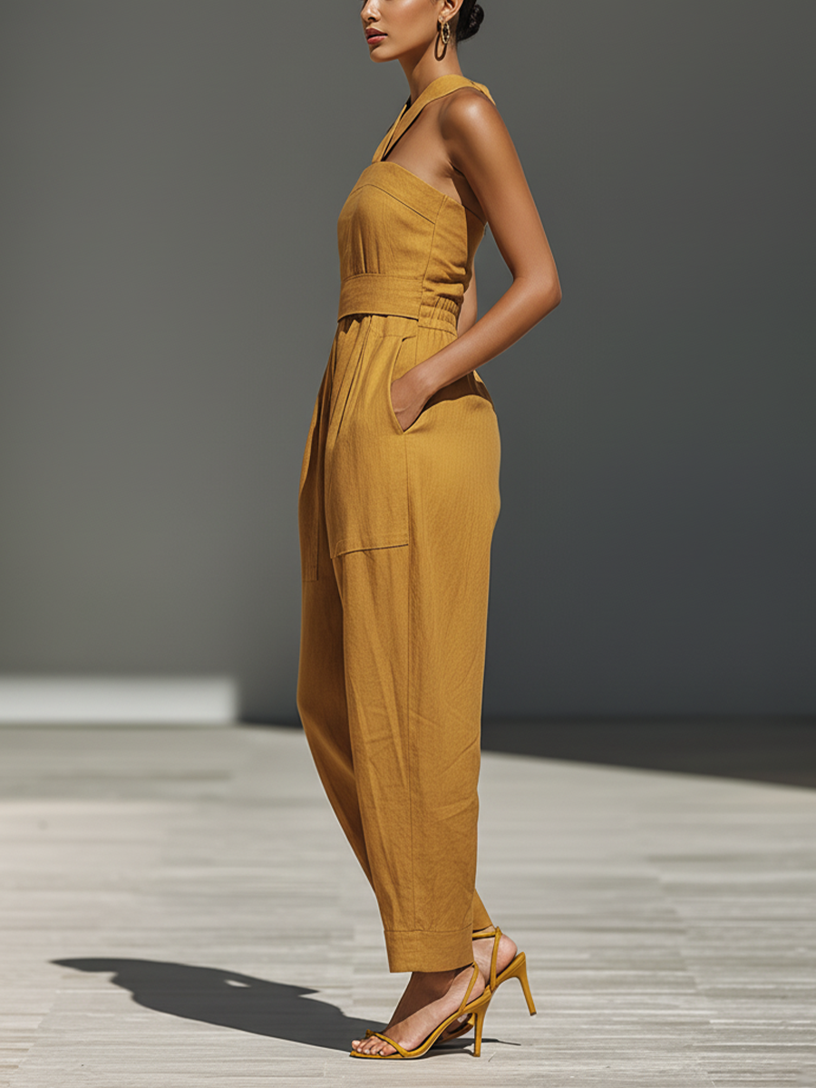 Mustard Yellow Linen-Blend Jumpsuit Women UK – Crisscross Neckline Relaxed Trousers, Smart Casual Holiday Wear