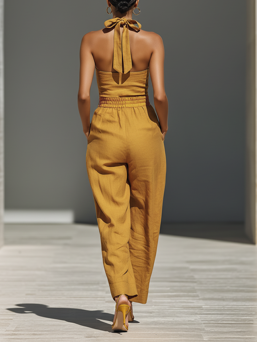 Mustard Yellow Linen-Blend Jumpsuit Women UK – Crisscross Neckline Relaxed Trousers, Smart Casual Holiday Wear