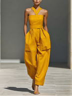 Mustard Yellow Linen-Blend Jumpsuit Women UK – Crisscross Neckline Relaxed Trousers, Smart Casual Holiday Wear
