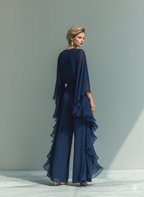 Navy Blue Chiffon Top and Trouser Set Women UK – Flared Sleeves, Ruffled Details, Smart Casual Holiday Outfit