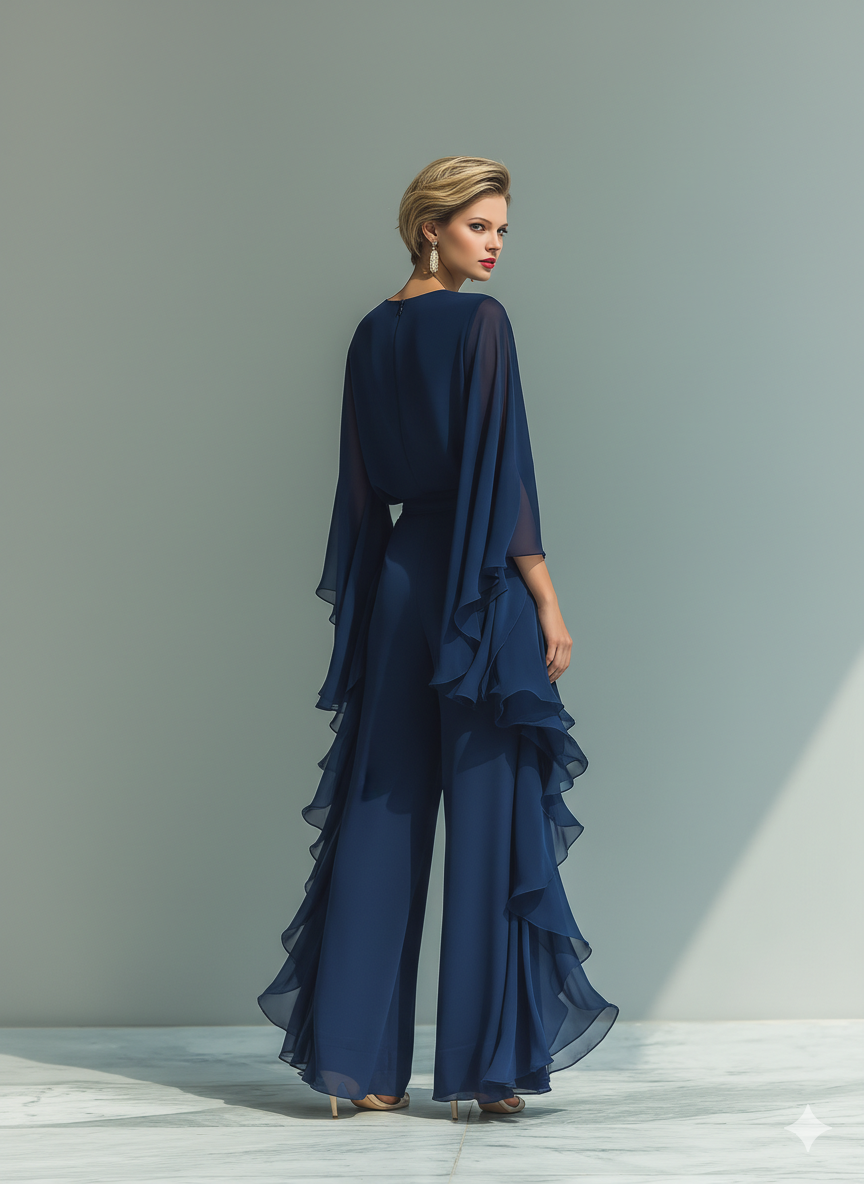Navy Blue Chiffon Top and Trouser Set Women UK – Flared Sleeves, Ruffled Details, Smart Casual Holiday Outfit