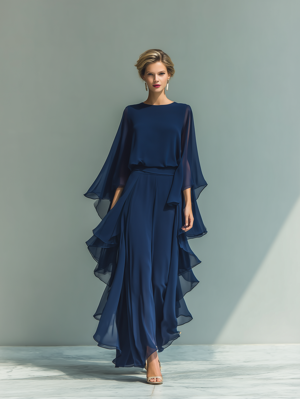 Navy Blue Chiffon Top and Trouser Set Women UK – Flared Sleeves, Ruffled Details, Smart Casual Holiday Outfit