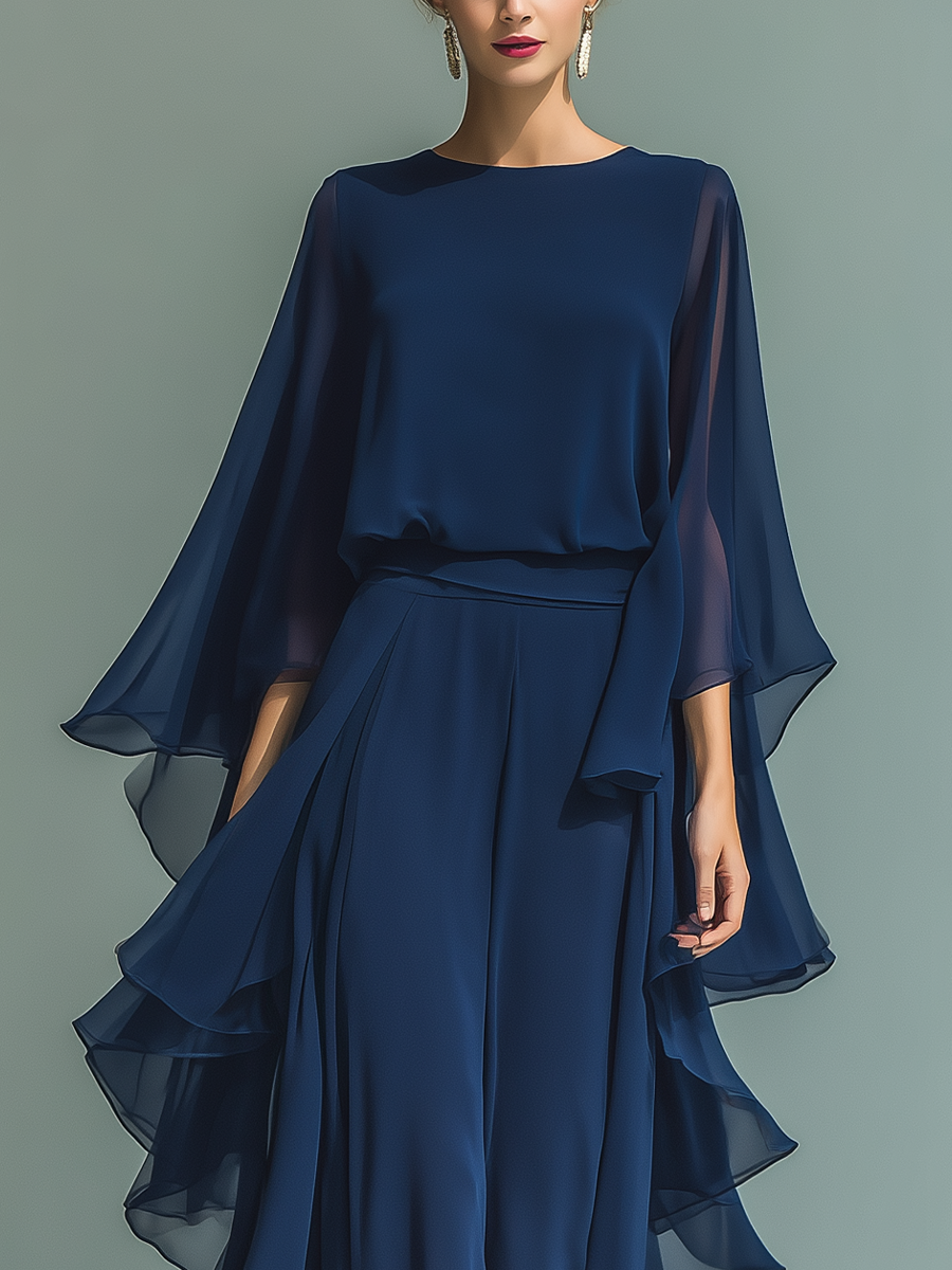 Navy Blue Chiffon Top and Trouser Set Women UK – Flared Sleeves, Ruffled Details, Smart Casual Holiday Outfit