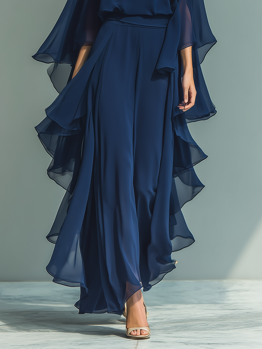 Navy Blue Chiffon Top and Trouser Set Women UK – Flared Sleeves, Ruffled Details, Smart Casual Holiday Outfit