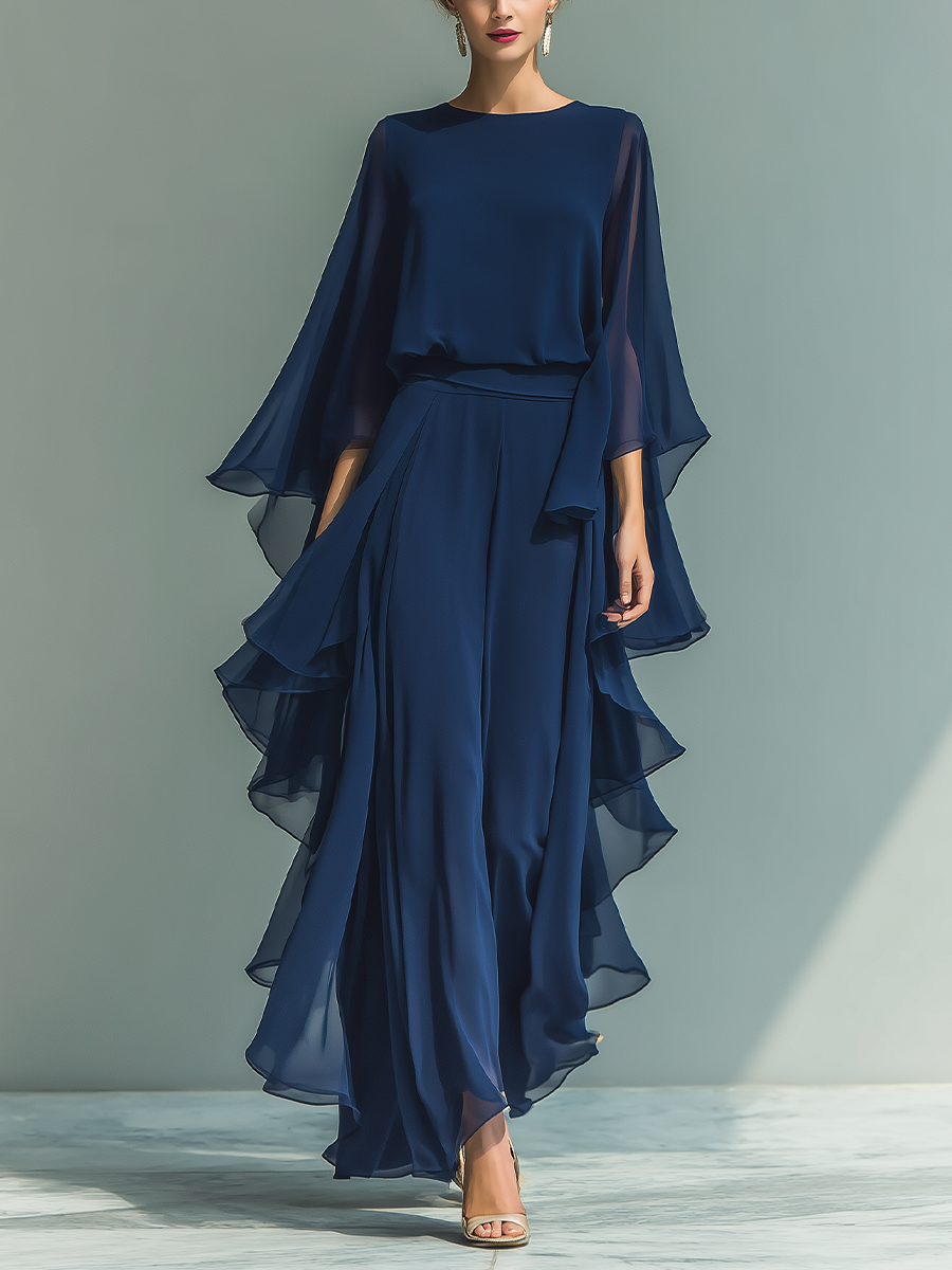 Navy Blue Chiffon Top and Trouser Set Women UK – Flared Sleeves, Ruffled Details, Smart Casual Holiday Outfit