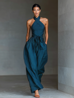 Navy Blue Linen Cross Halter Jumpsuit Women UK – Smart Casual Holiday Wear, Wedding Guest