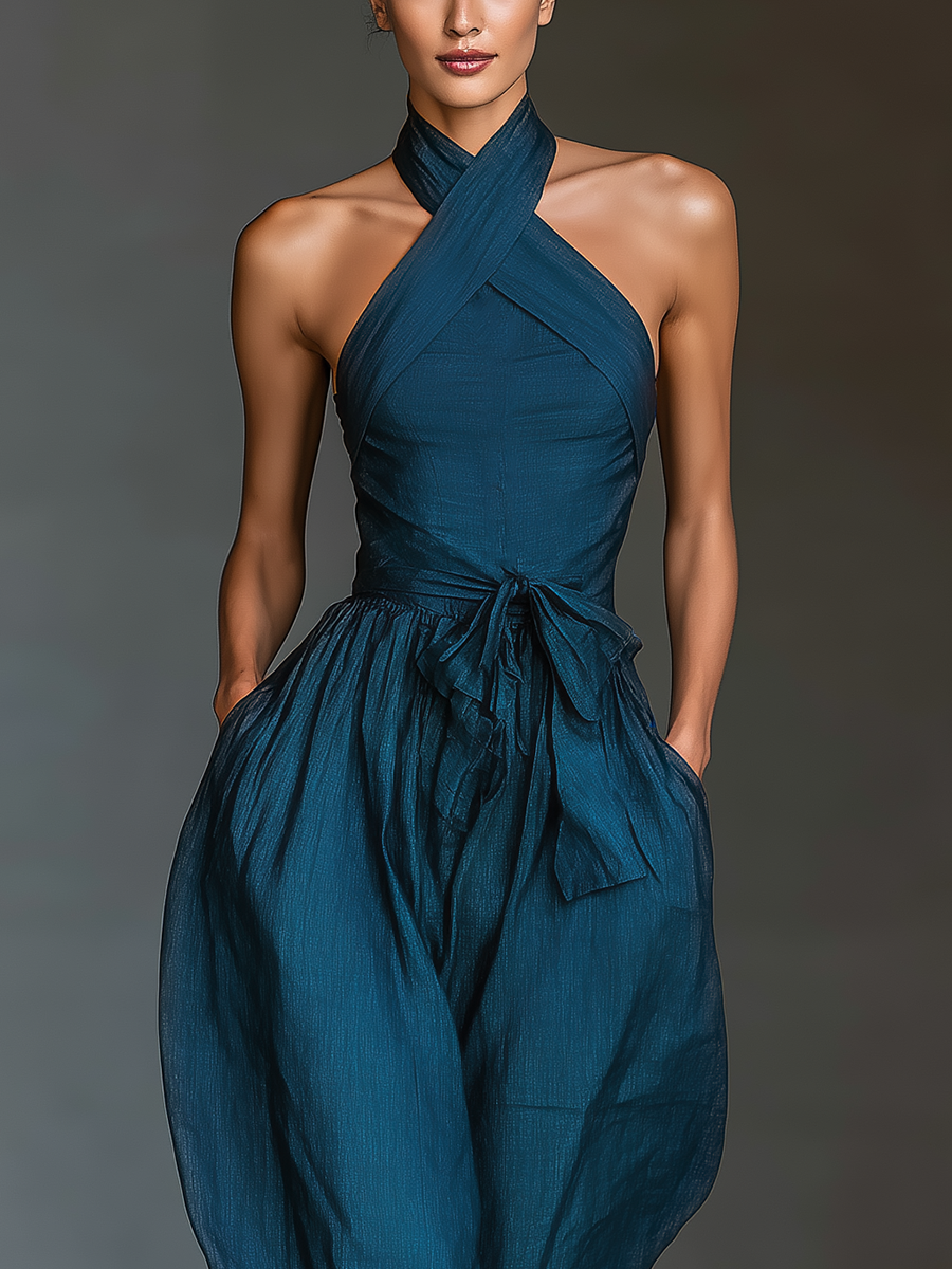 Navy Blue Linen Cross Halter Jumpsuit Women UK – Smart Casual Holiday Wear, Wedding Guest