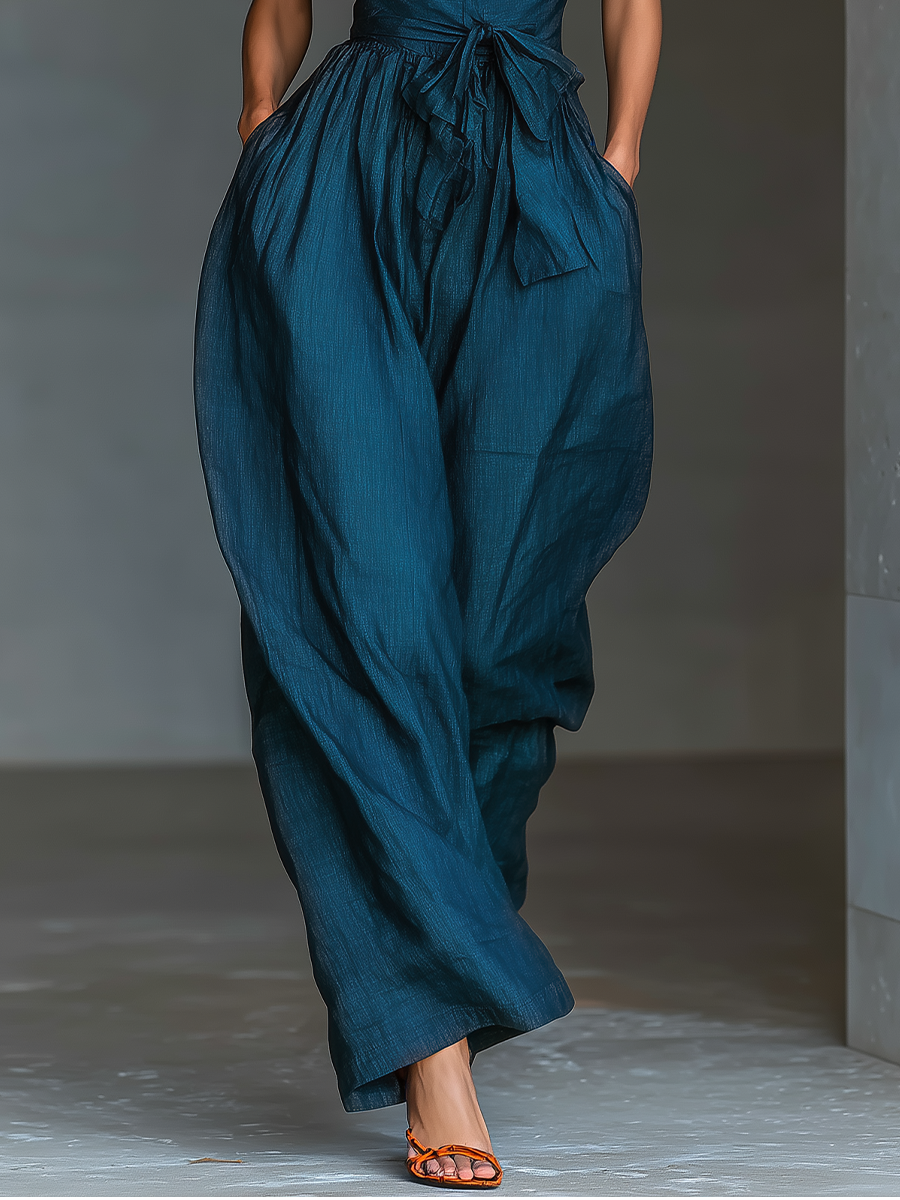 Navy Blue Linen Cross Halter Jumpsuit Women UK – Smart Casual Holiday Wear, Wedding Guest