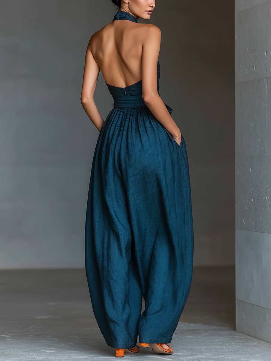Navy Blue Linen Cross Halter Jumpsuit Women UK – Smart Casual Holiday Wear, Wedding Guest