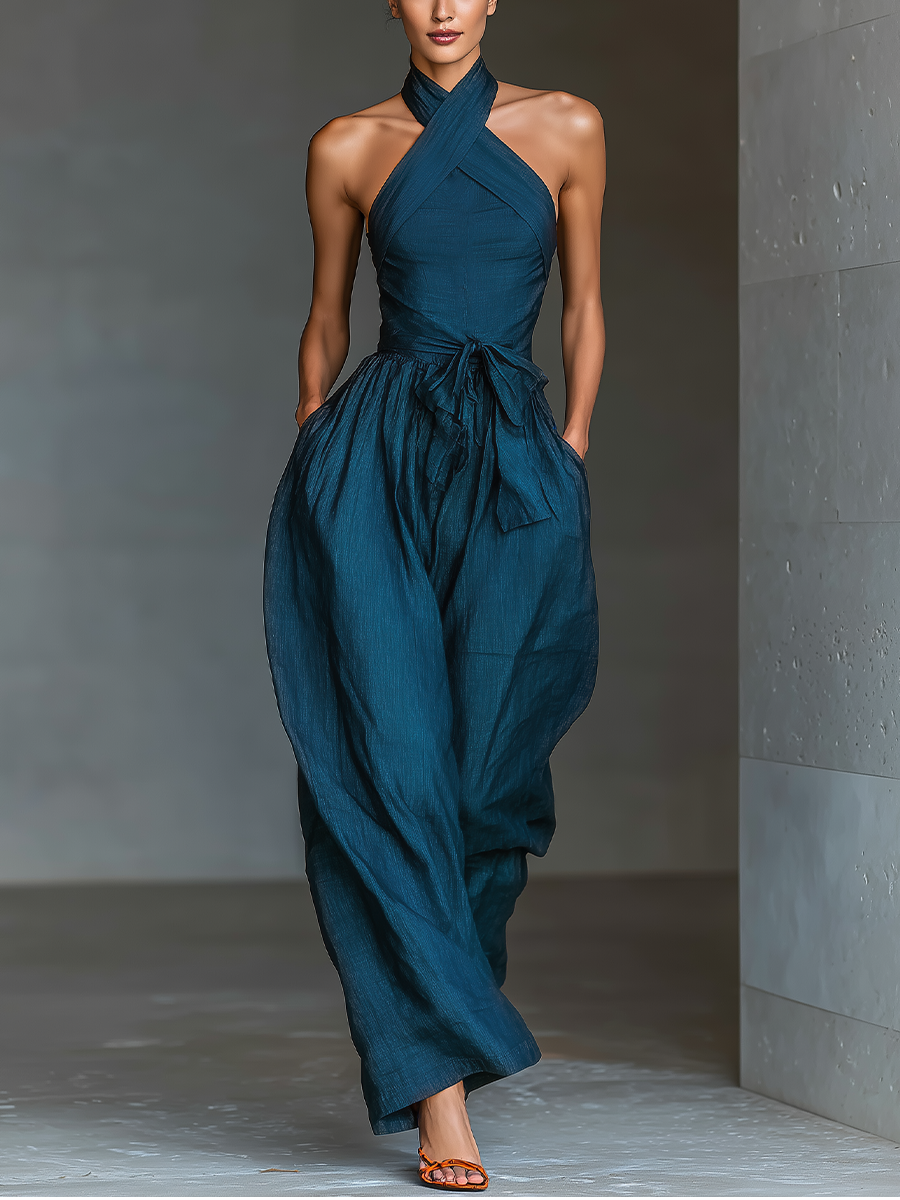 Navy Blue Linen Cross Halter Jumpsuit Women UK – Smart Casual Holiday Wear, Wedding Guest