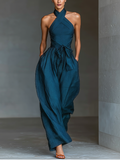 Navy Blue Linen Cross Halter Jumpsuit Women UK – Smart Casual Holiday Wear, Wedding Guest