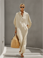 Oatmeal Linen Dress Women UK – Mandarin Collar Dolman Sleeve Dress, Resort Holiday Garden Party