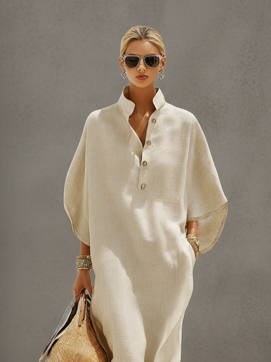 Oatmeal Linen Dress Women UK – Mandarin Collar Dolman Sleeve Dress, Resort Holiday Garden Party