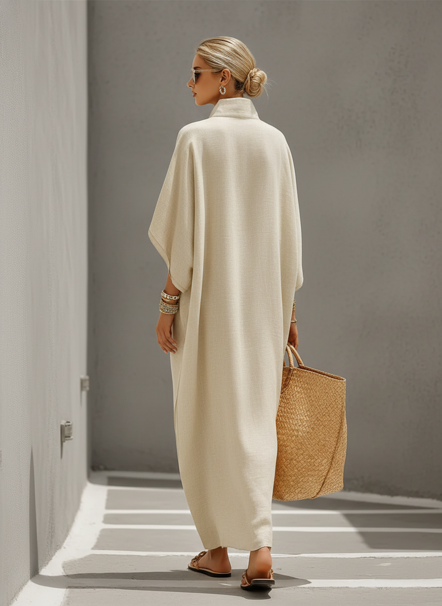 Oatmeal Linen Dress Women UK – Mandarin Collar Dolman Sleeve Dress, Resort Holiday Garden Party
