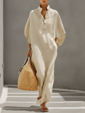 Oatmeal Linen Dress Women UK – Mandarin Collar Dolman Sleeve Dress, Resort Holiday Garden Party