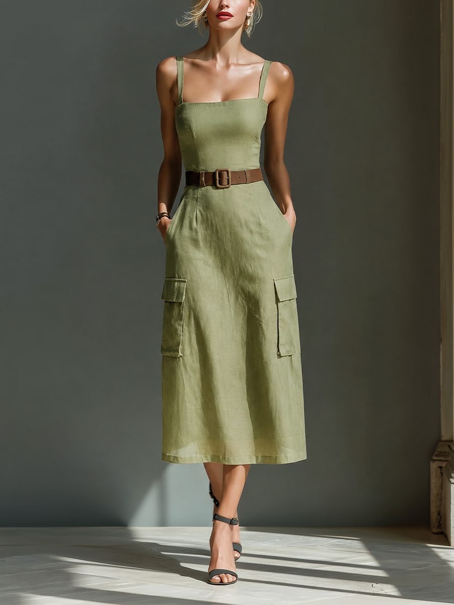 Olive Green Linen Midi Dress Women UK – Sleeveless Dress with Cargo Pockets & Belted Waist, Garden Party & Resort Holiday