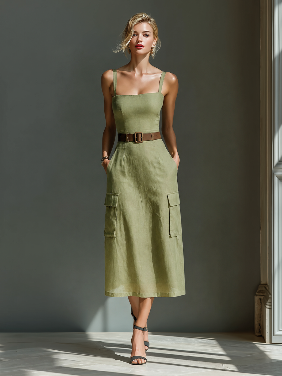 Olive Green Linen Midi Dress Women UK – Sleeveless Dress with Cargo Pockets & Belted Waist, Garden Party & Resort Holiday