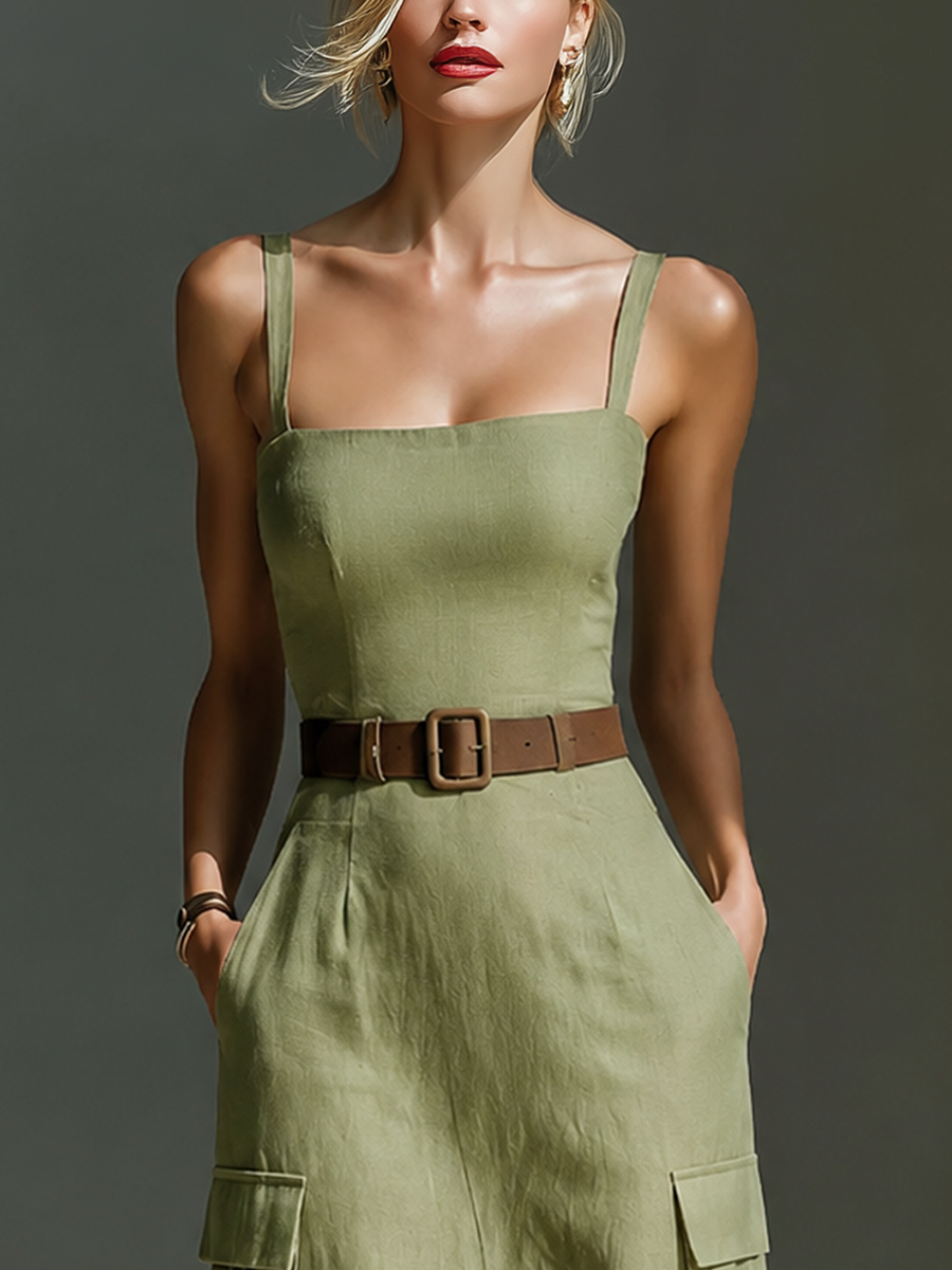Olive Green Linen Midi Dress Women UK – Sleeveless Dress with Cargo Pockets & Belted Waist, Garden Party & Resort Holiday