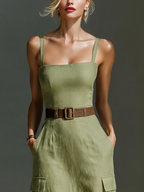 Olive Green Linen Midi Dress Women UK – Sleeveless Dress with Cargo Pockets & Belted Waist, Garden Party & Resort Holiday