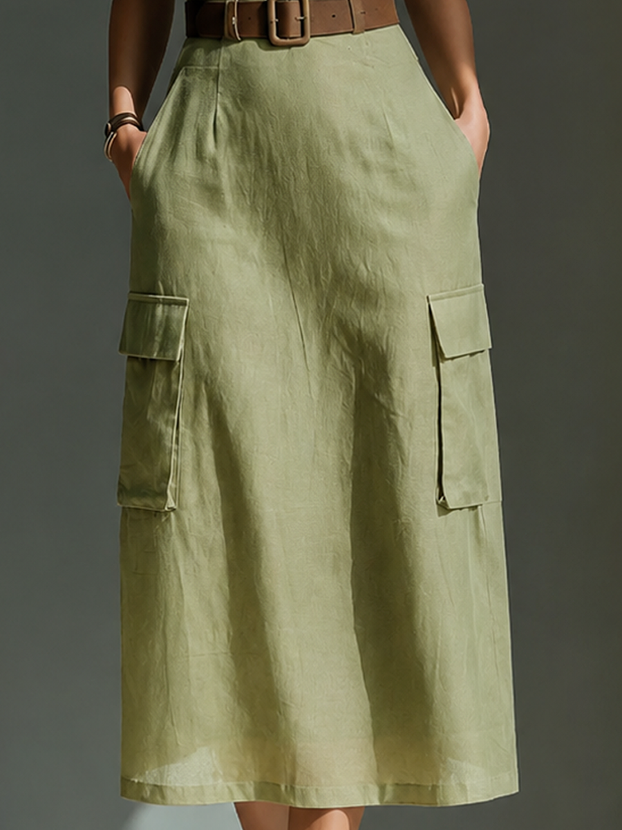 Olive Green Linen Midi Dress Women UK – Sleeveless Dress with Cargo Pockets & Belted Waist, Garden Party & Resort Holiday