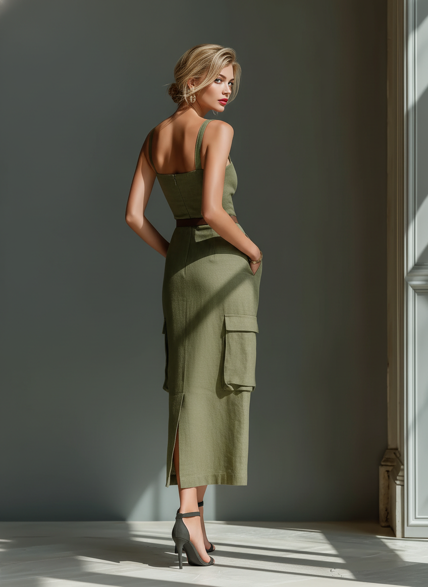 Olive Green Linen Midi Dress Women UK – Sleeveless Dress with Cargo Pockets & Belted Waist, Garden Party & Resort Holiday