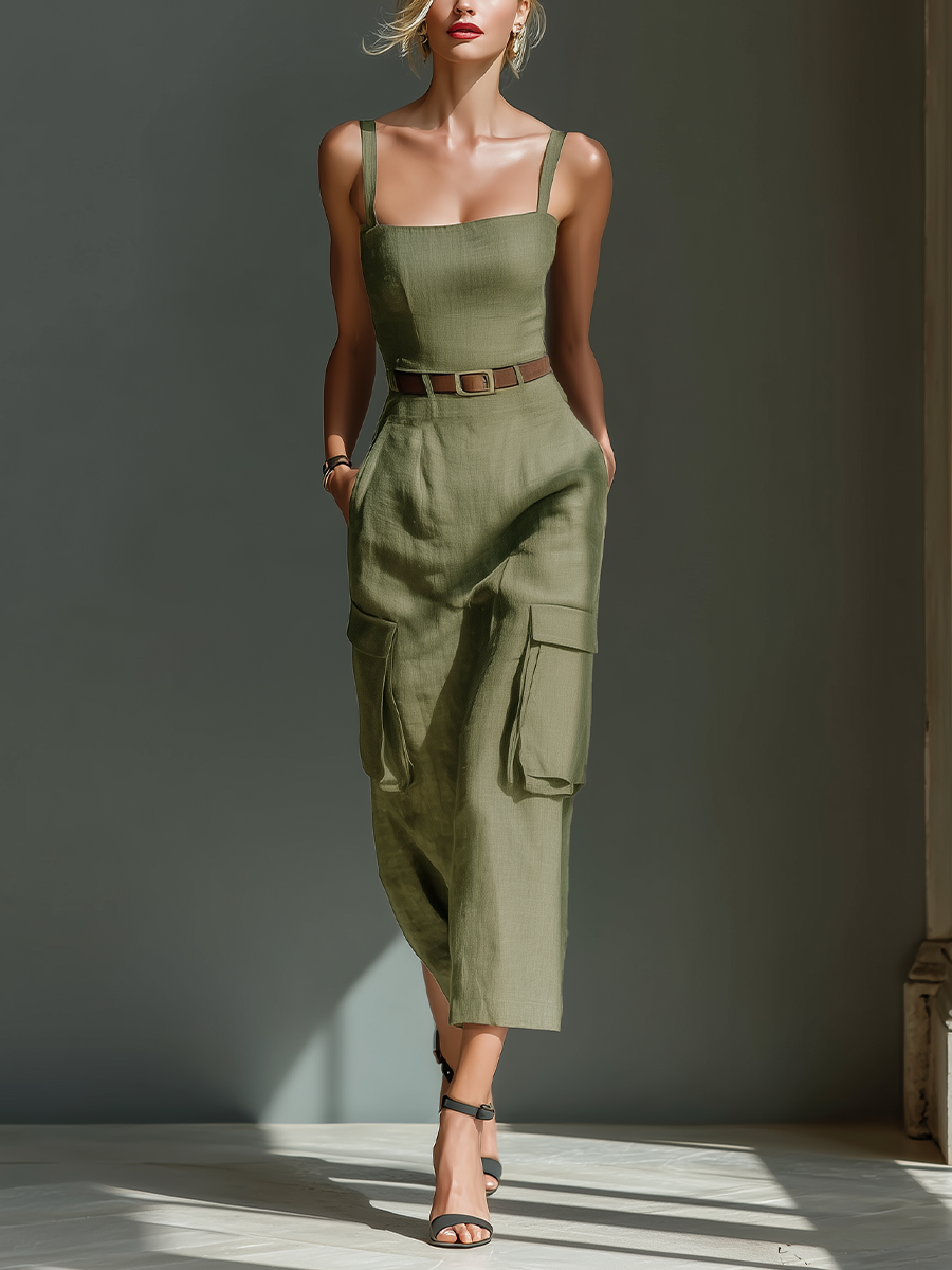 Olive Green Linen Midi Dress Women UK – Sleeveless Dress with Cargo Pockets & Belted Waist, Garden Party & Resort Holiday