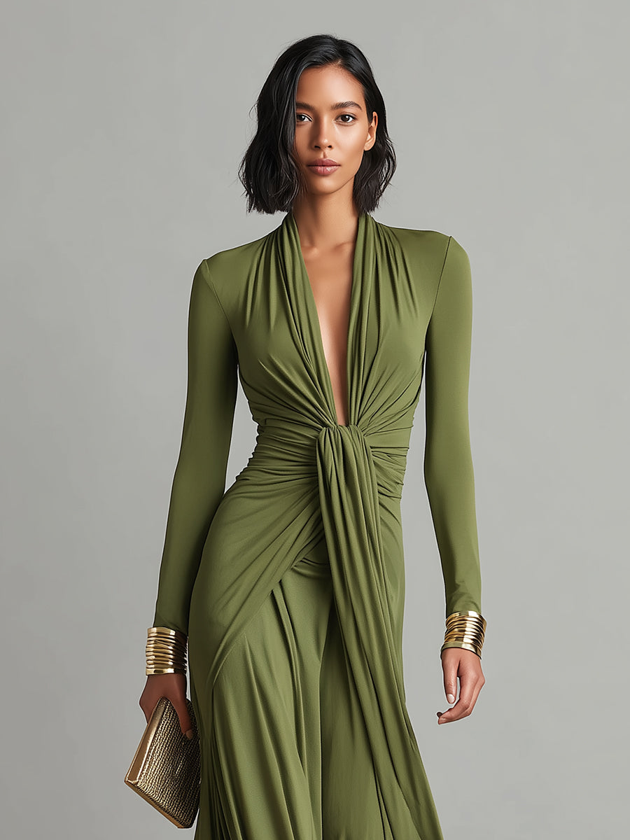 Olive Silky Stretchy Maxi Dress Women UK – Deep V-Neck Ruched Detail Evening Gown, Wedding Guest & Cocktail