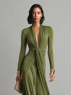 Olive Silky Stretchy Maxi Dress Women UK – Deep V-Neck Ruched Detail Evening Gown, Wedding Guest & Cocktail