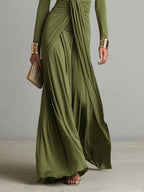 Olive Silky Stretchy Maxi Dress Women UK – Deep V-Neck Ruched Detail Evening Gown, Wedding Guest & Cocktail