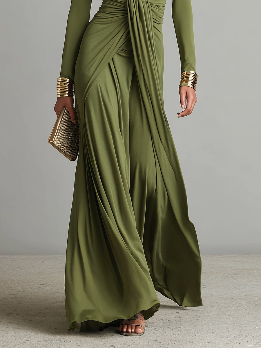 Olive Silky Stretchy Maxi Dress Women UK – Deep V-Neck Ruched Detail Evening Gown, Wedding Guest & Cocktail