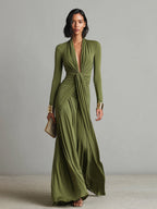 Olive Silky Stretchy Maxi Dress Women UK – Deep V-Neck Ruched Detail Evening Gown, Wedding Guest & Cocktail