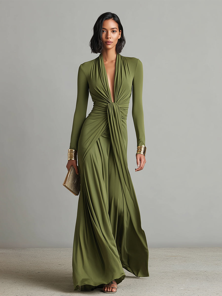 Olive Silky Stretchy Maxi Dress Women UK – Deep V-Neck Ruched Detail Evening Gown, Wedding Guest & Cocktail