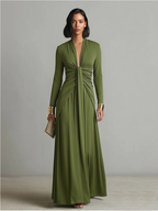 Olive Silky Stretchy Maxi Dress Women UK – Deep V-Neck Ruched Detail Evening Gown, Wedding Guest & Cocktail