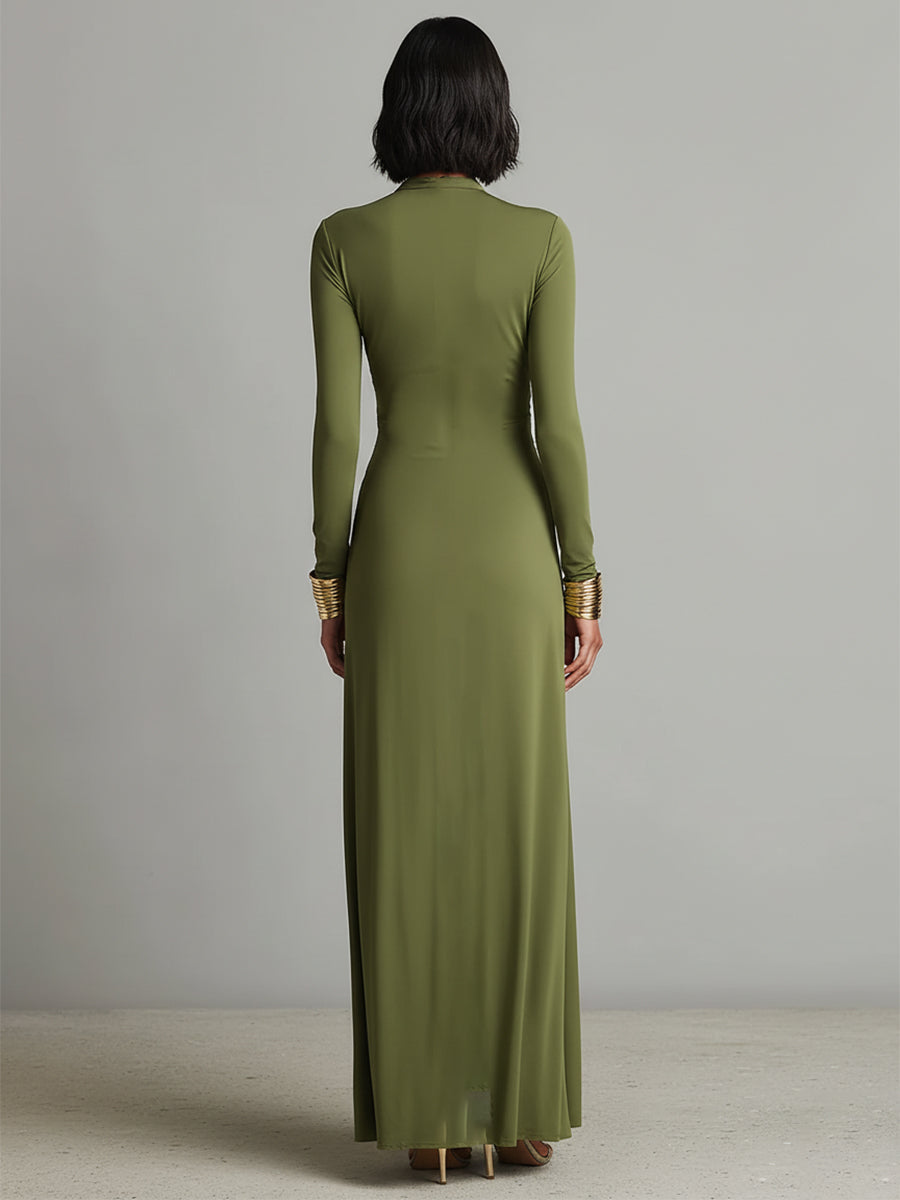 Olive Silky Stretchy Maxi Dress Women UK – Deep V-Neck Ruched Detail Evening Gown, Wedding Guest & Cocktail