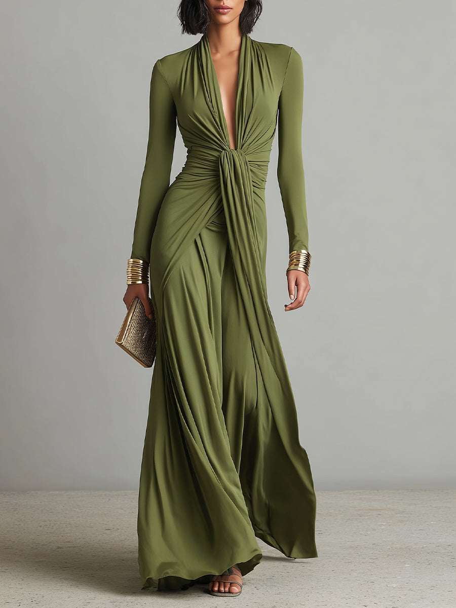 Olive Silky Stretchy Maxi Dress Women UK – Deep V-Neck Ruched Detail Evening Gown, Wedding Guest & Cocktail