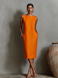 Orange Linen Shift Dress Women UK – Sleeveless Round Neck Dress, Garden Party Wedding Guest