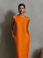Orange Linen Shift Dress Women UK – Sleeveless Round Neck Dress, Garden Party Wedding Guest