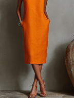 Orange Linen Shift Dress Women UK – Sleeveless Round Neck Dress, Garden Party Wedding Guest