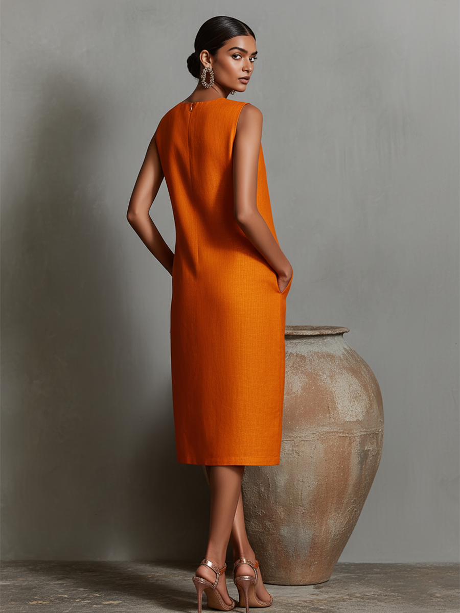Orange Linen Shift Dress Women UK – Sleeveless Round Neck Dress, Garden Party Wedding Guest