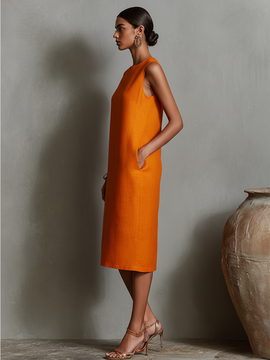 Orange Linen Shift Dress Women UK – Sleeveless Round Neck Dress, Garden Party Wedding Guest