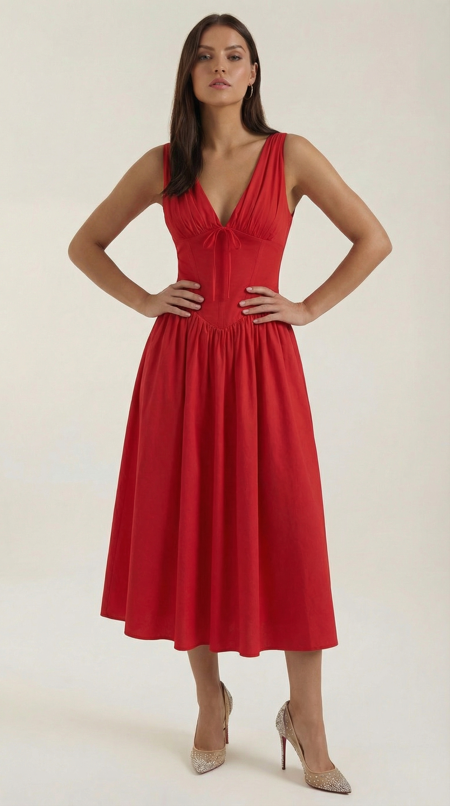 Plunge Midi Dress - Lightweight Fabric - Elegant Party Wear for Women - Perfect for Special Occasions