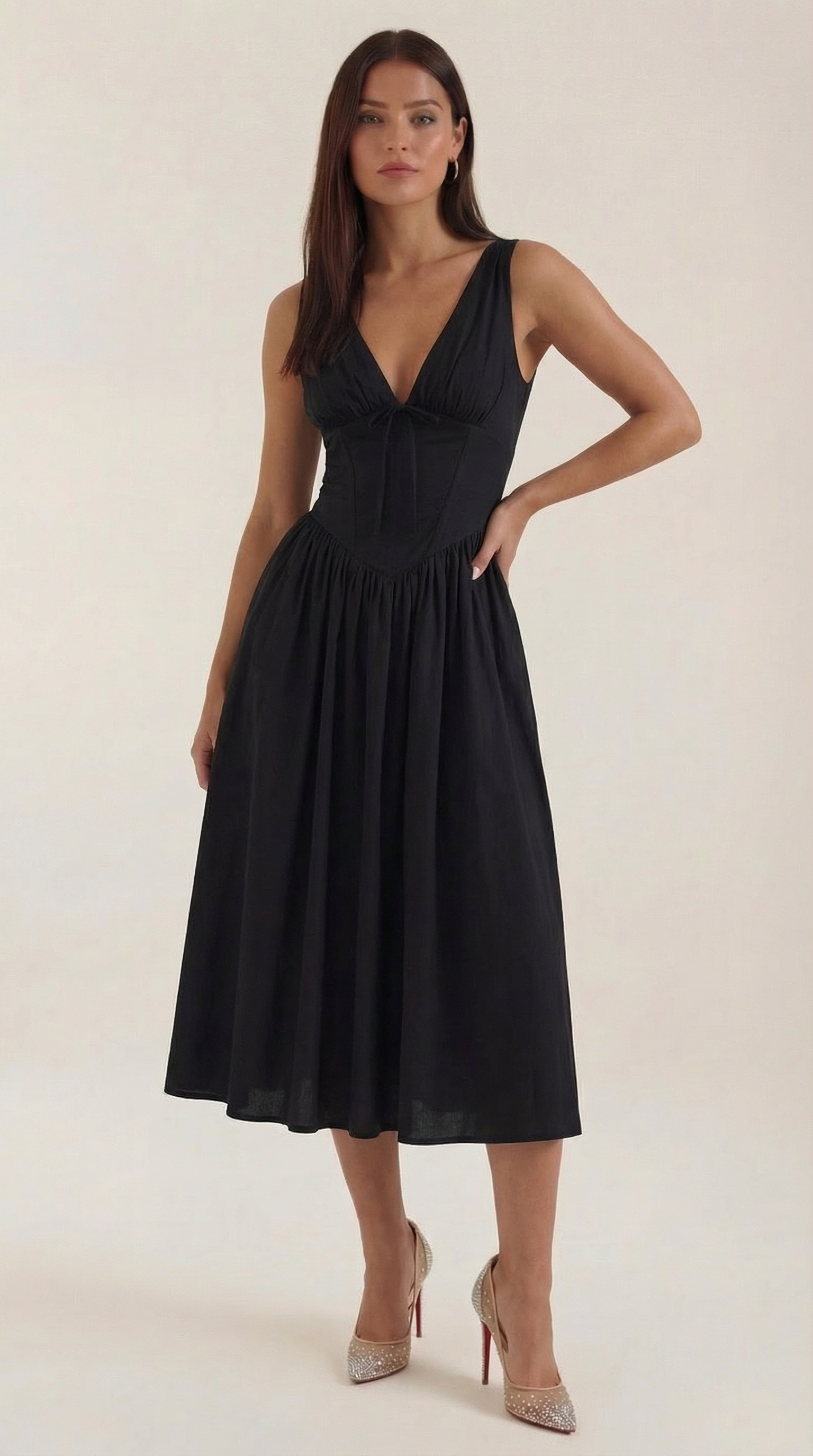 Plunge Midi Dress - Lightweight Fabric - Elegant Party Wear for Women - Perfect for Special Occasions