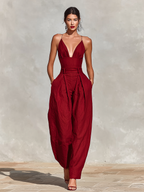 Red Linen Jumpsuit for Women UK – Spaghetti Straps High-Waisted Pleated Jumpsuit, Smart Casual Holiday Wear