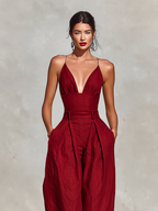 Red Linen Jumpsuit for Women UK – Spaghetti Straps High-Waisted Pleated Jumpsuit, Smart Casual Holiday Wear